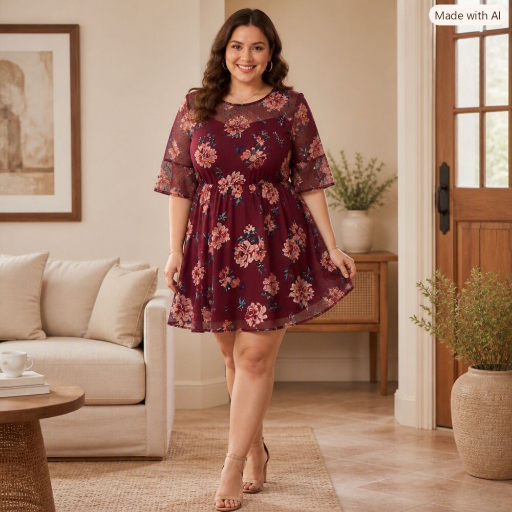 Luxology Rose/Burgundy Floral Mini Dress with Flutter Sleeves – Size 12